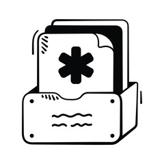 Hand drawn icon of a patient�s medical file with a red cross.