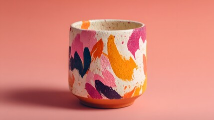 Ceramic cup with abstract colorful brushstrokes and speckles.