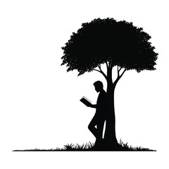 Scalable vector illustration of a person reading under a tree silhouette for peaceful moments and learning silhouette vector illustration white background
