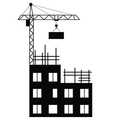 Scalable vector illustration of a construction crane lifting building materials for a new property development project silhouette vector illustration white background