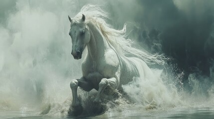 White horse gallops through shallow water with swirling mist. Background is blurred