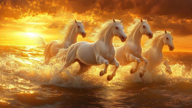 White horses gallop through the ocean at sunset. Stock photo