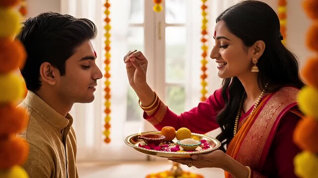 Sister Applying Tilak or Tika on Brother Forehead During Bhai Dooj Festival after Diwali