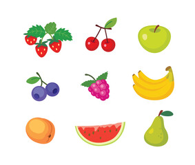 Vector cartoon images, illustration of berries - raspberry, strawberry, cherry, blueberry, blackberry, apple, bananas, peach, pear, watermelon, apricot isolated on a white background.