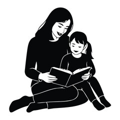 Vector illustration of mother and child reading book together scalable eps for educational and family themed designs silhouette vector illustration white background