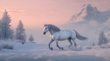 White horse walks in snow with snowy trees and mountains at dusk; nature stock