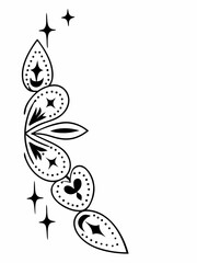 Minimilist a black and white illustration of stylized floral elements and stars arranged on the left side border vector
