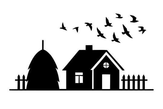 Rural House Silhouette Vector &mdash; Farmhouse with Fence and Birds

