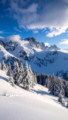 Fototapeta premium Snowy mountain range under a bright blue sky, featuring snow-covered evergreen trees. Sunlight illuminates the landscape