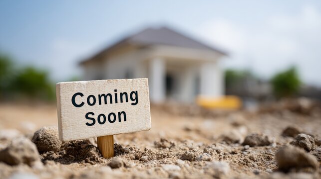 Coming soon sign standing in a dirt field, with a new house under construction in the blurred background, signifying future real estate development and home sales