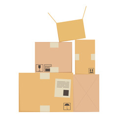 Stacked cardboard boxes isolated on white. Vector illustration