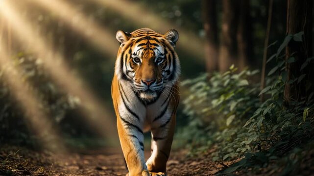 Majestic tiger walking through a forest with sunlight streaming through the trees