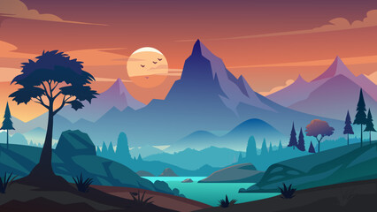 Fototapeta premium Vibrant sunset over majestic mountains and serene lake landscape