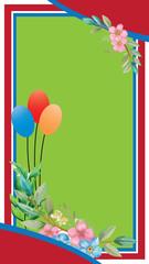 Balloons and Flowers Border on Green Background