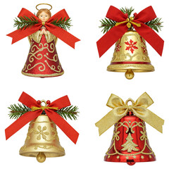 Four festive christmas ornaments including angel and bells with red and gold ribbons and pine sprigs isolated on transparent background