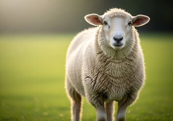 Naklejka premium A fluffy white sheep stands prominently in a sunlit green field, looking directly at the viewer with a gentle expression.