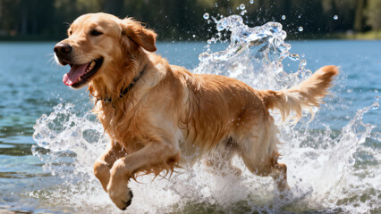Golden Retriever Making a Splash While Running into a Lake