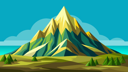 Geometric mountain landscape with pine trees and ocean