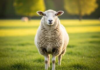 Fototapeta premium A fluffy white sheep stands prominently in a vibrant green pasture, looking directly at the viewer.