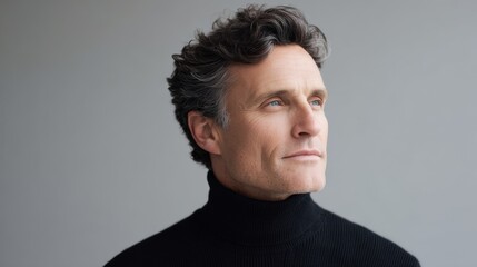 Fototapeta premium Handsome Middle-Aged Man With Dark Hair Looking Into the Distance With Calm Expression