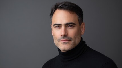 Obraz premium Confident Middle-Aged Man in Black Turtleneck Posing Against Grey Background
