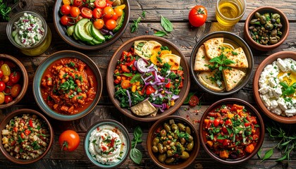 Fototapeta premium Vibrant Plant-Based Feast – Colorful Mezze Spread for Social Dining