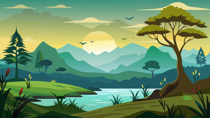 Serene mountain landscape with lake and trees at sunrise