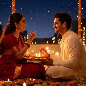 Sister Applying Tilak or Tika on Brother Forehead During Bhai Dooj Festival after Diwali