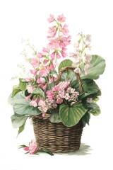 Basket filled with delicate pink blossoms and lush green foliage, an elegant floral composition for nature themes