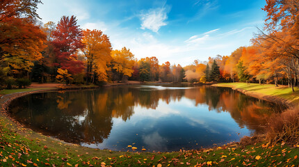 autumn foliage reflects beautifully on a calm lake under a partly cloudy sky