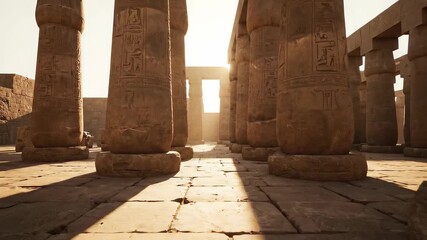 Inside an ancient temple, long columns cast shadows under warm sunlight. Carvings adorn stone structures - Powered by Adobe