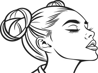 Vector fashion illustration of a beautiful woman's profile silhouette with long hair, lips, and a flower design sketch