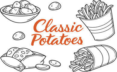 A vintage hand-drawn vector illustration of a set of food doodle icons including fish and ice cream