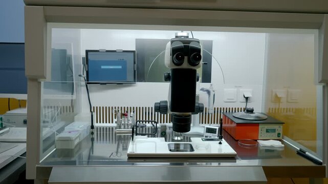 Human egg monitoring microscope machine used at the modern medical laboratory. Pregnancy Hospital microscope monitoring the egg growth. Microscope inspecting the changes in the egg. Maternity.