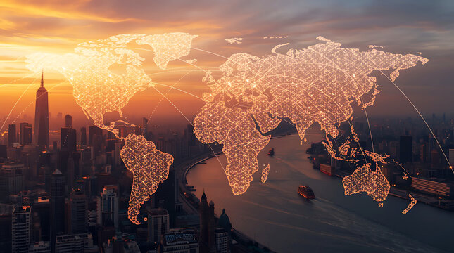 Global connectivity concept world map superimposed over cityscape at sunset