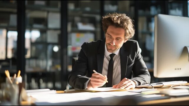 A businessman working diligently at his desk, deep in thought while writing on a notepad in a modern office environment.
