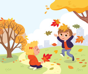 Children, boy and girl, classmates, sister and brother, siblings, playing in an autumn park with yellow leaves, surrounded by yellow leaves.