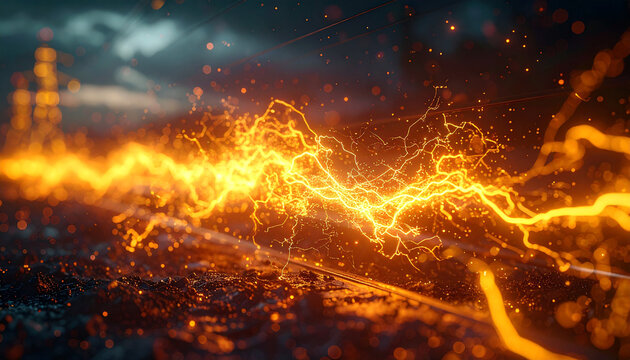 Electric Brilliance: A vivid, digital artwork showcasing the raw power of electricity, featuring a dynamic lightning bolt of electric current across a rugged terrain.