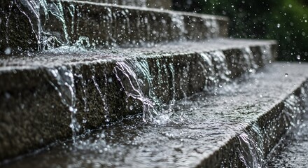 Close-up captures cascading water flowing over textured stone steps in an outdoor setting