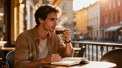 Young man enjoying coffee while reading a book at outdoor café  