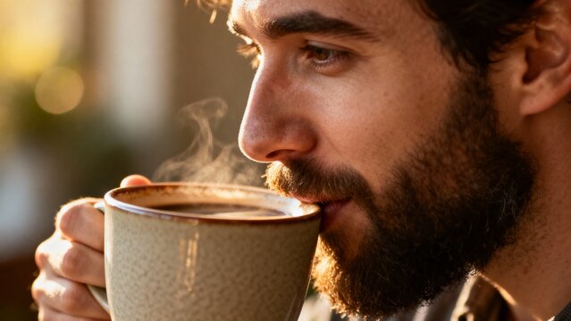 Bearded man sipping hot coffee from mug while relaxing indoors
