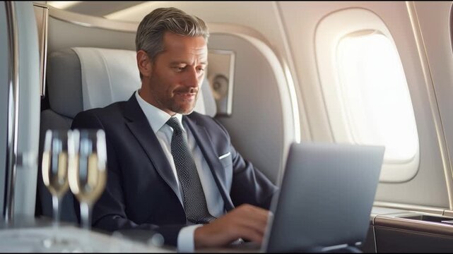 A businessman working on his laptop in a luxurious airplane cabin, enjoying a glass of champagne, exuding confidence and success.