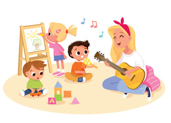 Music teacher leads a music class for toddlers. The mother plays guitar and sing song for her children. Children and caregiver spend quality time together. First Notes: Little Musicians Primary Class.