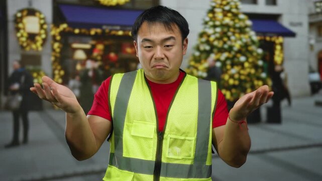 Man in reflective vest shrugging on street with festive decorations, expressing confusion in urban city during daytime.