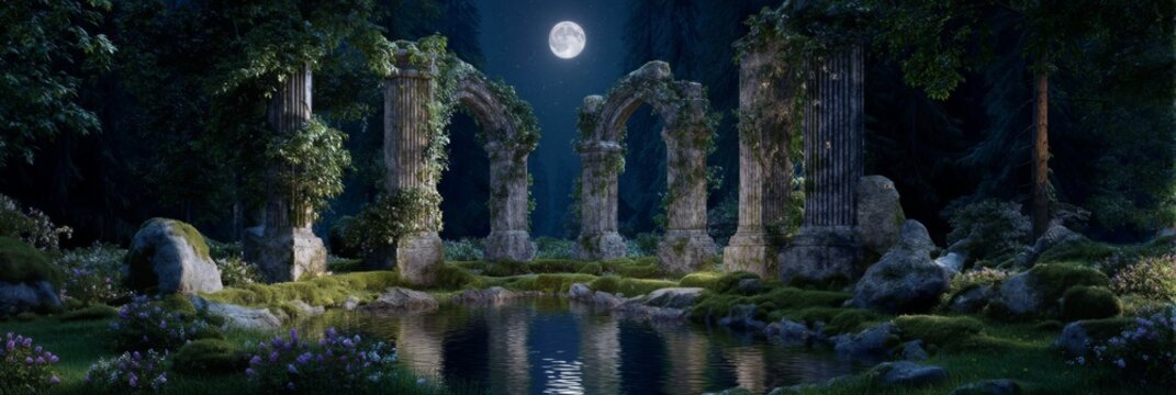 Enchanted Forest Scene with Moonlight Illuminating Ancient Ruins and Serene Pond Surrounded by Lush Greenery and Flowers