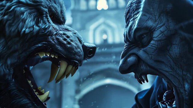 An intense confrontation unfolds between a majestic wolf and a mysterious creature in a dark setting, showcasing emotions and power in a fantasy realm.