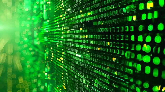 Vibrant green digital matrix pattern showcasing binary code. This abstract image represents technology, data, and futuristic concepts perfect for various digital projects.
