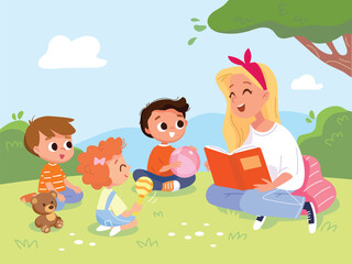 Teacher reads a tale to toddlers on a park meadow. Caregiver reads to the children. Mother reads for her kids sitting on the grass. Children and caregivers spend quality time together in nature.
