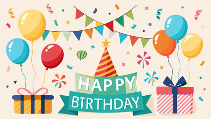 Happy birthday celebration with balloons gifts and confetti