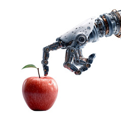 a close-up a robot hand touching an red apple